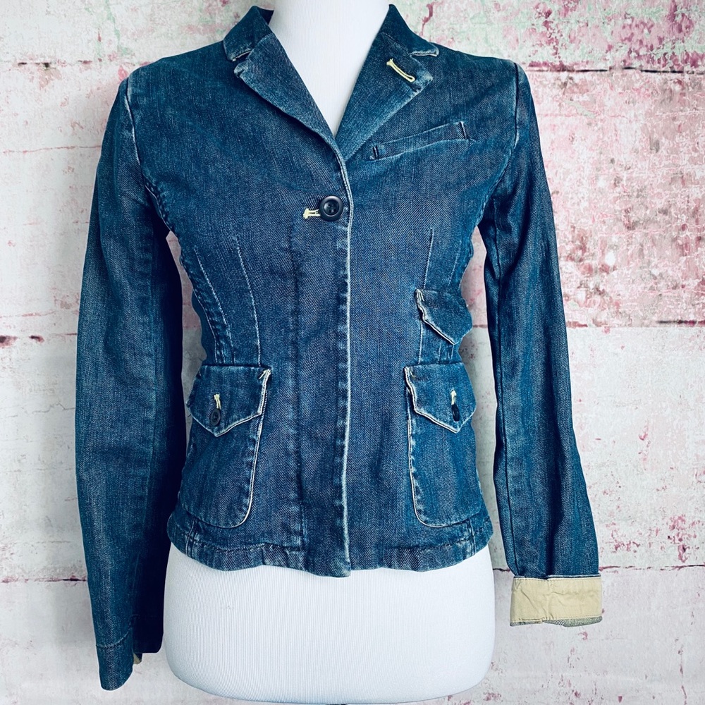 Louie Women Blue Denim Utility Blazer Jacket Size 4 Single Button‎ Flap Pockets